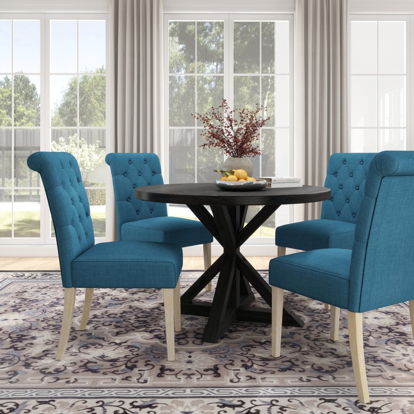 Roundhill Furniture Banff 5-piece Dining Set, Cross-Buck Round Table with 4 Tufted Chairs