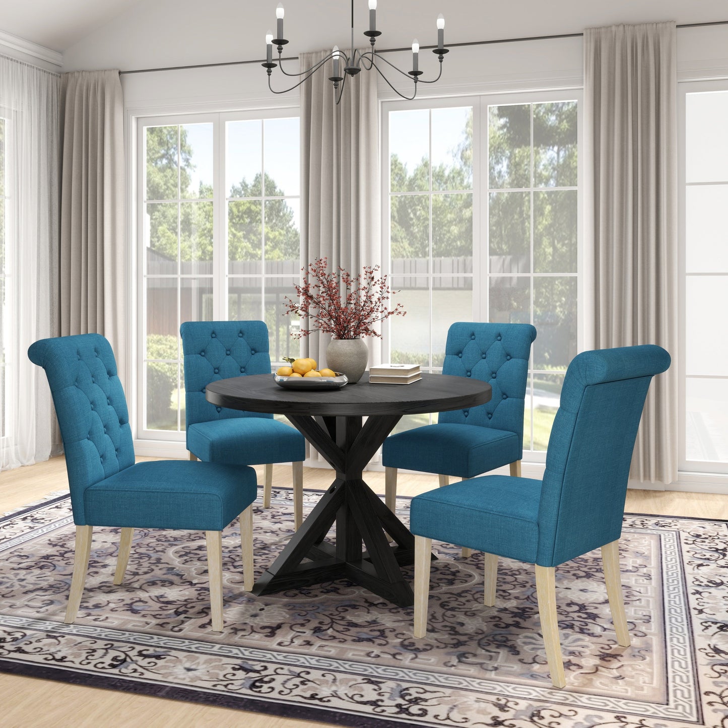 Roundhill Furniture Banff 5-piece Dining Set, Cross-Buck Round Table with 4 Tufted Chairs