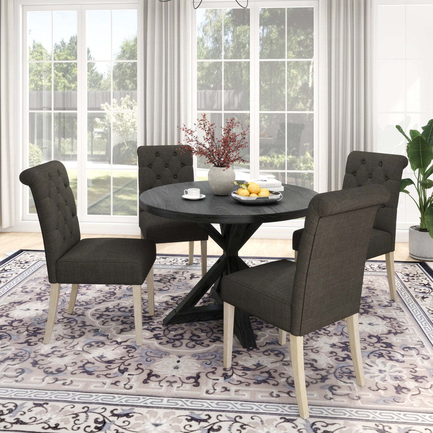 Roundhill Furniture Banff 5-piece Dining Set, Cross-Buck Round Table with 4 Tufted Chairs