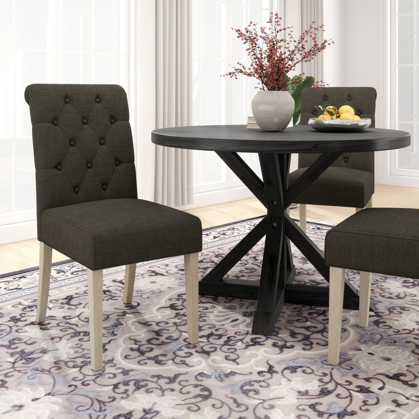 Roundhill Furniture Banff 5-piece Dining Set, Cross-Buck Round Table with 4 Tufted Chairs