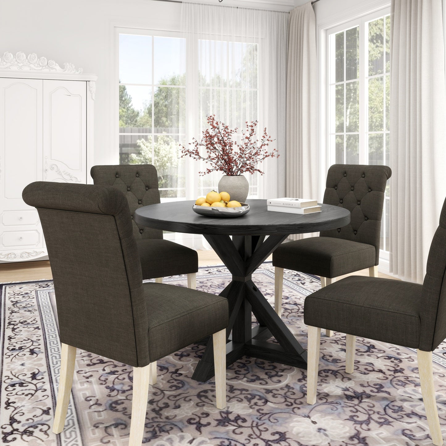 Roundhill Furniture Banff 5-piece Dining Set, Cross-Buck Round Table with 4 Tufted Chairs