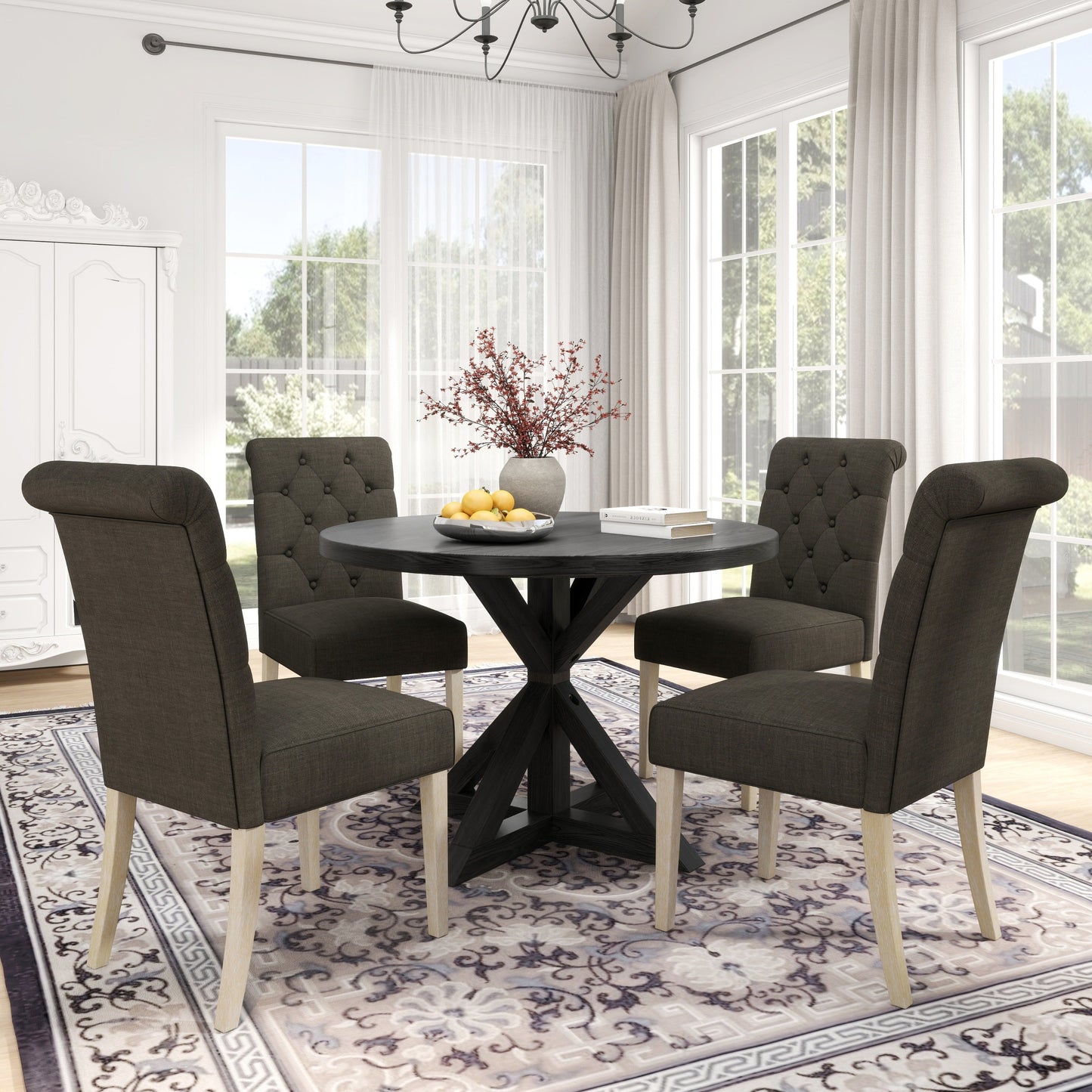 Roundhill Furniture Banff 5-piece Dining Set, Cross-Buck Round Table with 4 Tufted Chairs