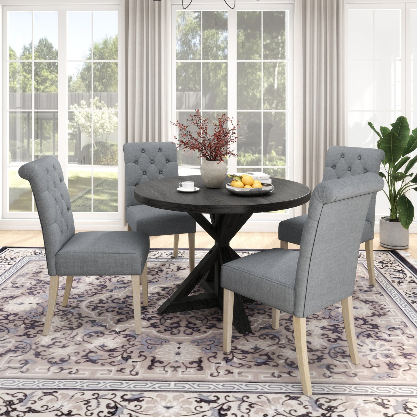 Roundhill Furniture Banff 5-piece Dining Set, Cross-Buck Round Table with 4 Tufted Chairs