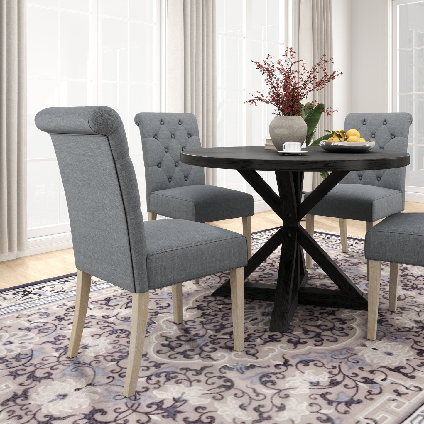 Roundhill Furniture Banff 5-piece Dining Set, Cross-Buck Round Table with 4 Tufted Chairs