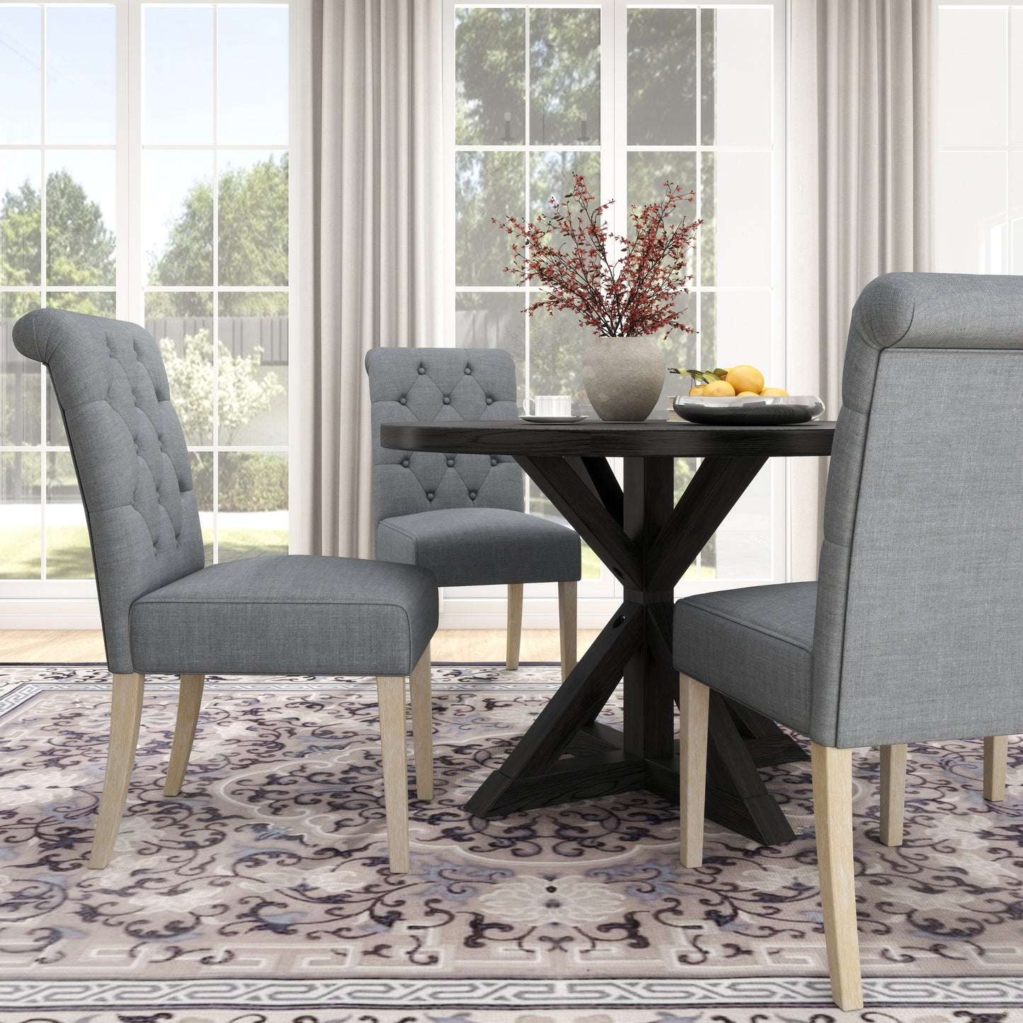 Roundhill Furniture Banff 5-piece Dining Set, Cross-Buck Round Table with 4 Tufted Chairs