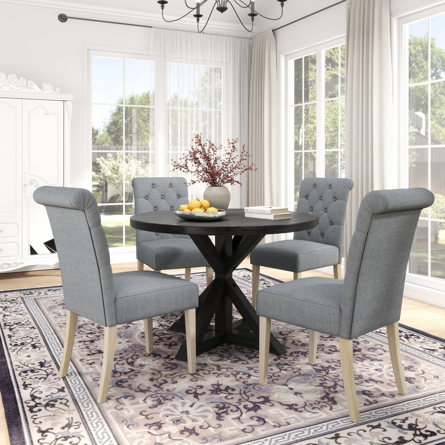 Roundhill Furniture Banff 5-piece Dining Set, Cross-Buck Round Table with 4 Tufted Chairs