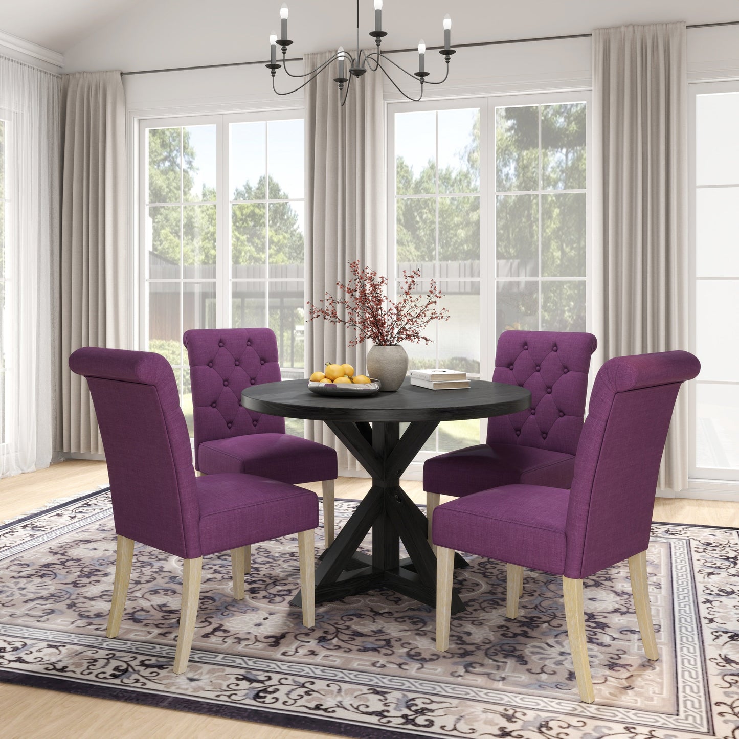 Roundhill Furniture Banff 5-piece Dining Set, Cross-Buck Round Table with 4 Tufted Chairs