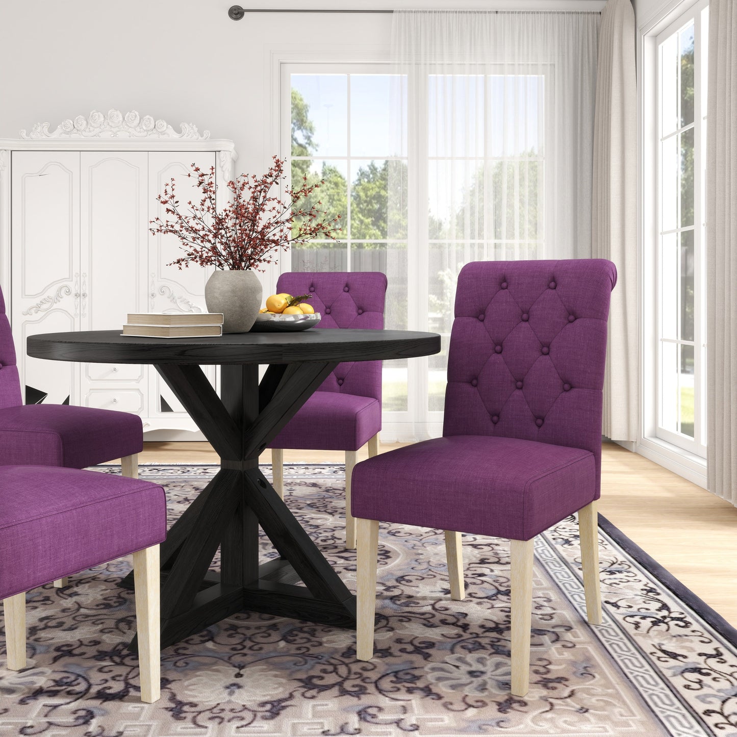 Roundhill Furniture Banff 5-piece Dining Set, Cross-Buck Round Table with 4 Tufted Chairs