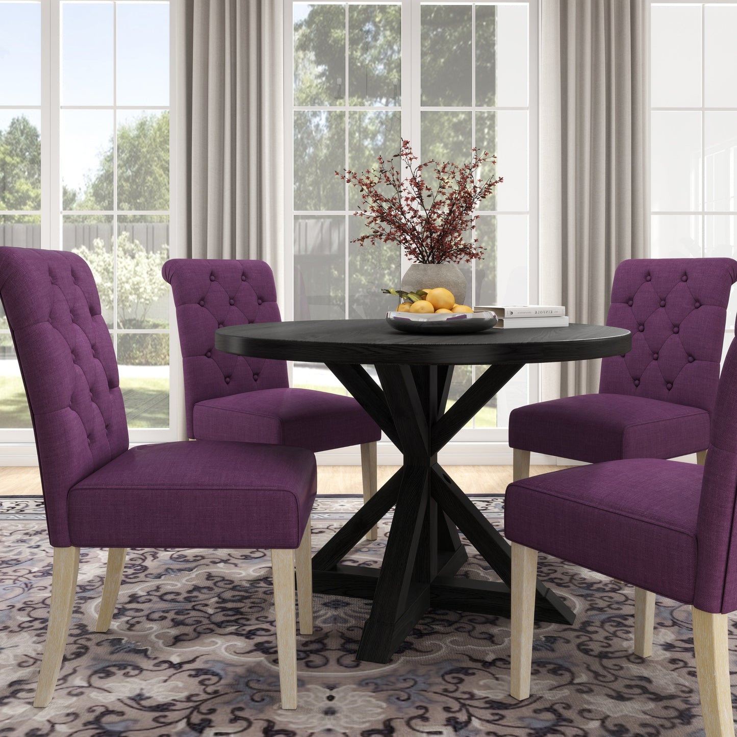 Roundhill Furniture Banff 5-piece Dining Set, Cross-Buck Round Table with 4 Tufted Chairs