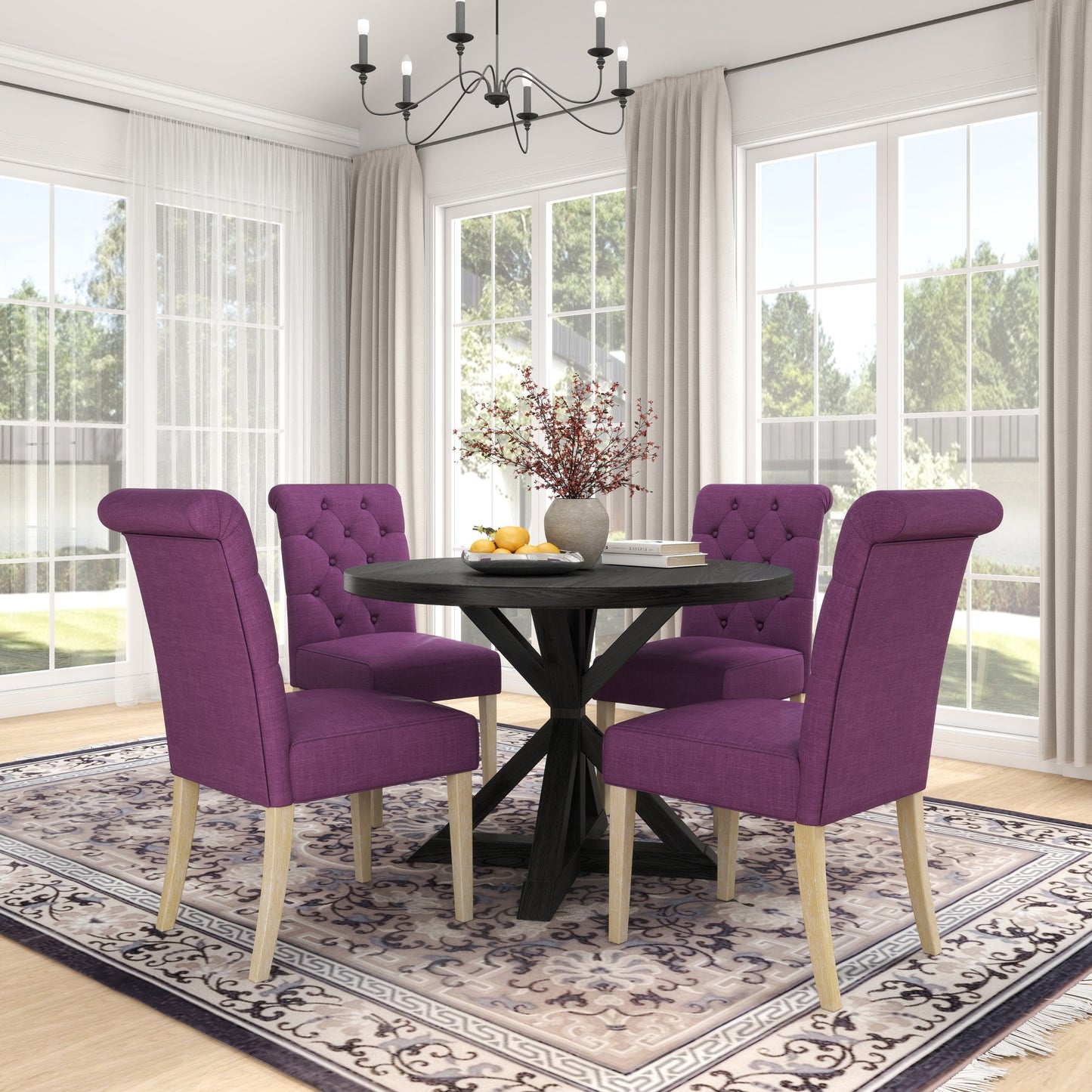 Roundhill Furniture Banff 5-piece Dining Set, Cross-Buck Round Table with 4 Tufted Chairs