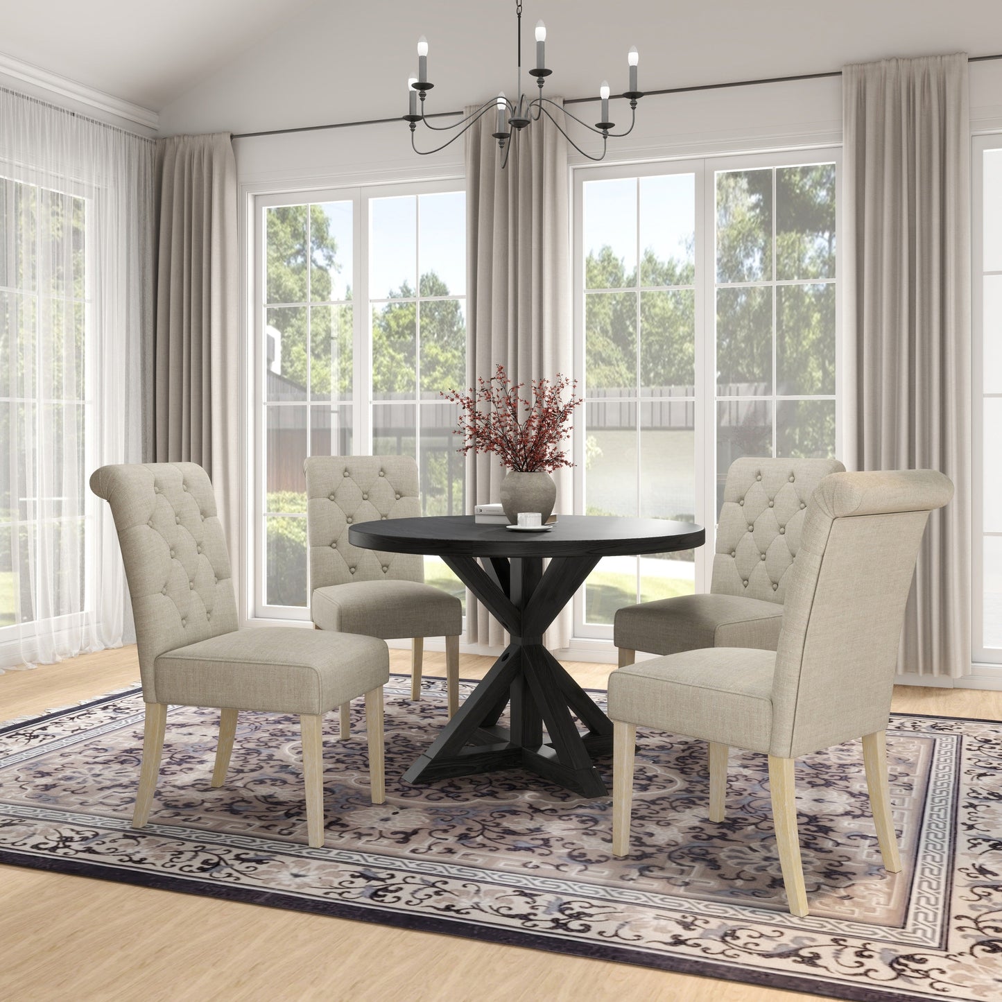 Roundhill Furniture Banff 5-piece Dining Set, Cross-Buck Round Table with 4 Tufted Chairs