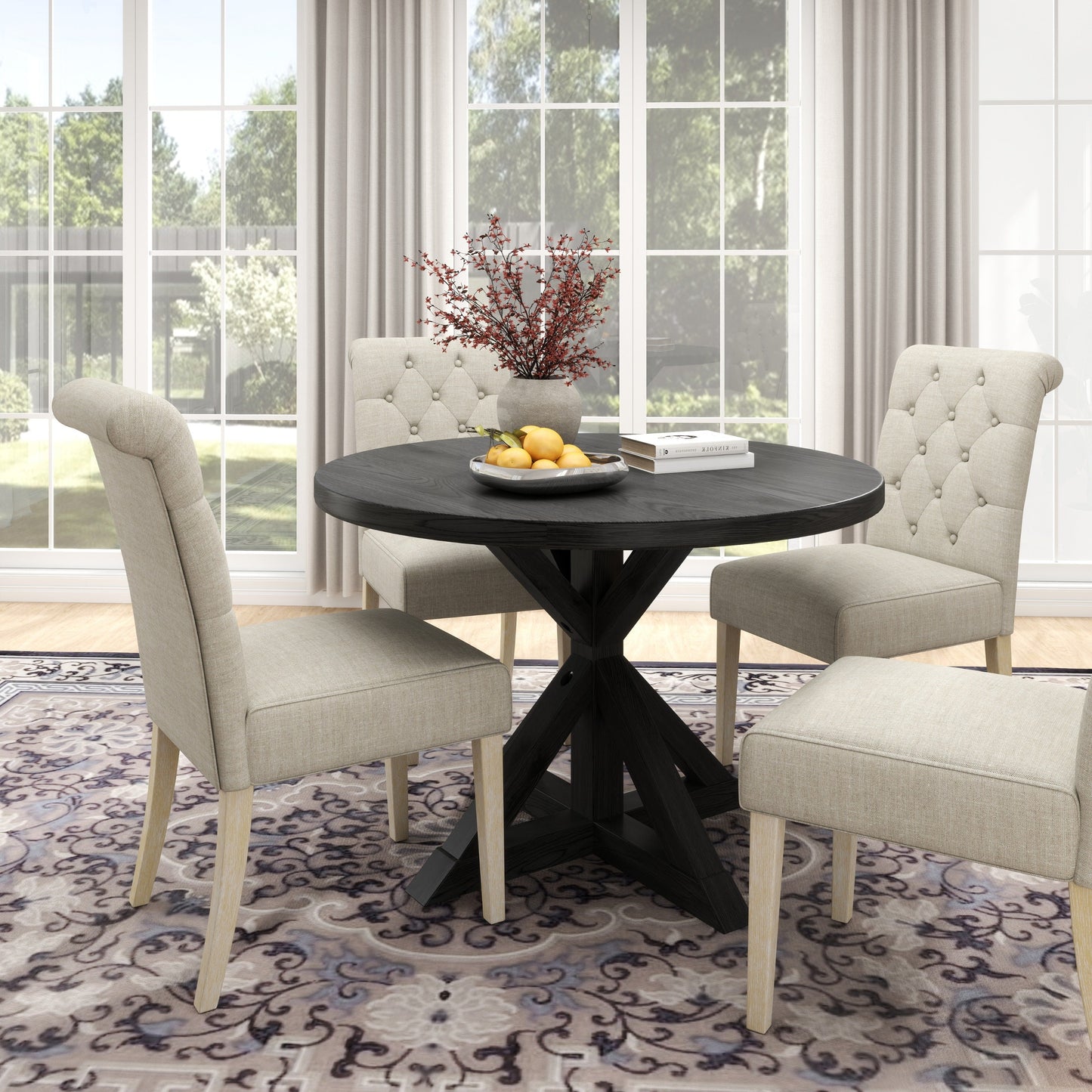 Roundhill Furniture Banff 5-piece Dining Set, Cross-Buck Round Table with 4 Tufted Chairs