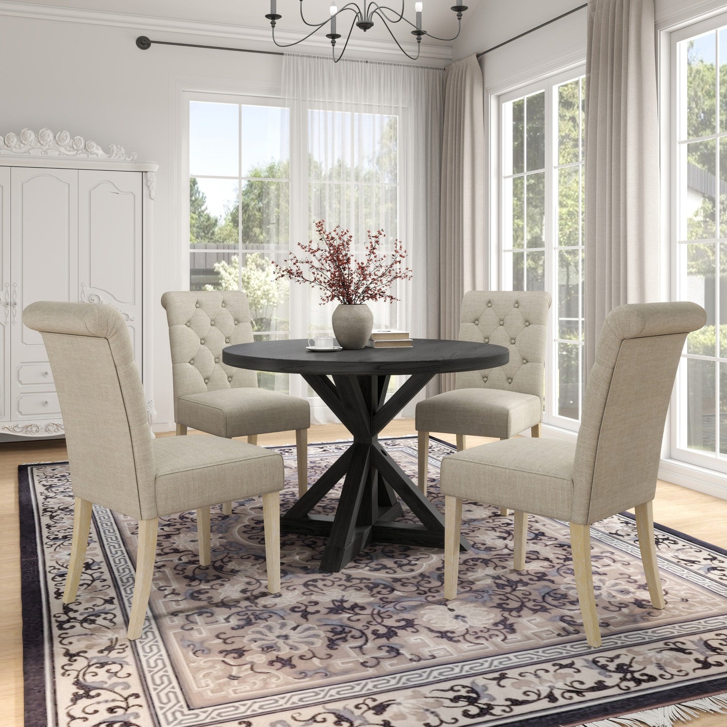 Roundhill Furniture Banff 5-piece Dining Set, Cross-Buck Round Table with 4 Tufted Chairs