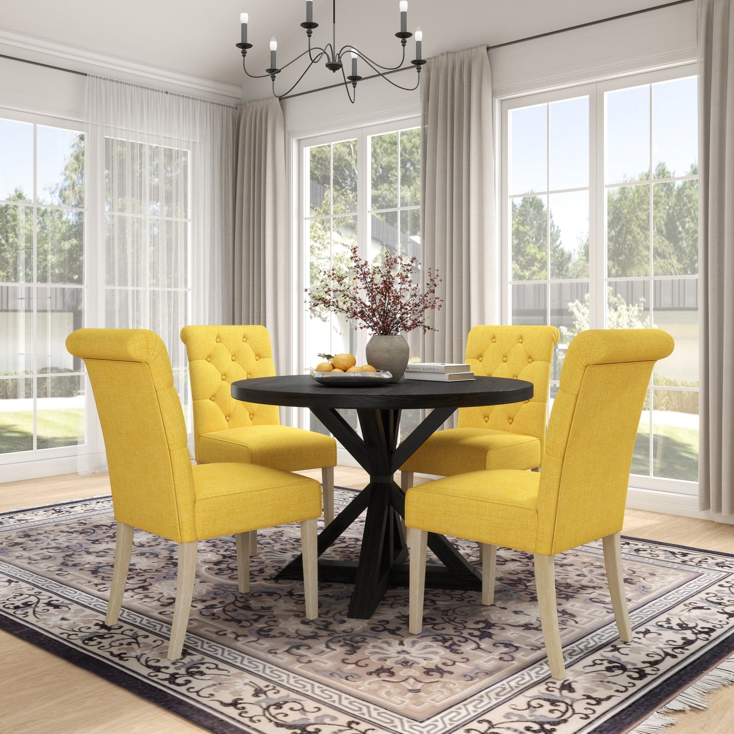 Roundhill Furniture Banff 5-piece Dining Set, Cross-Buck Round Table with 4 Tufted Chairs