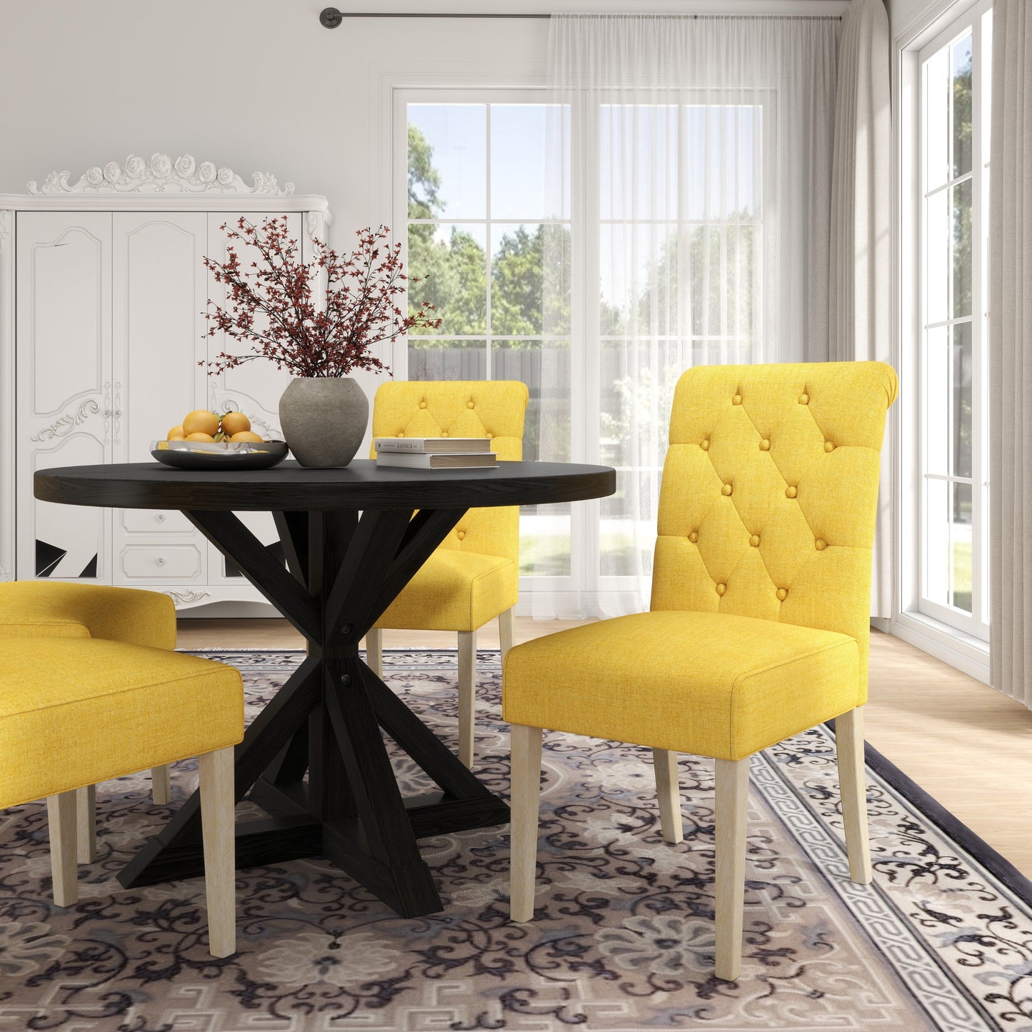 Roundhill Furniture Banff 5-piece Dining Set, Cross-Buck Round Table with 4 Tufted Chairs