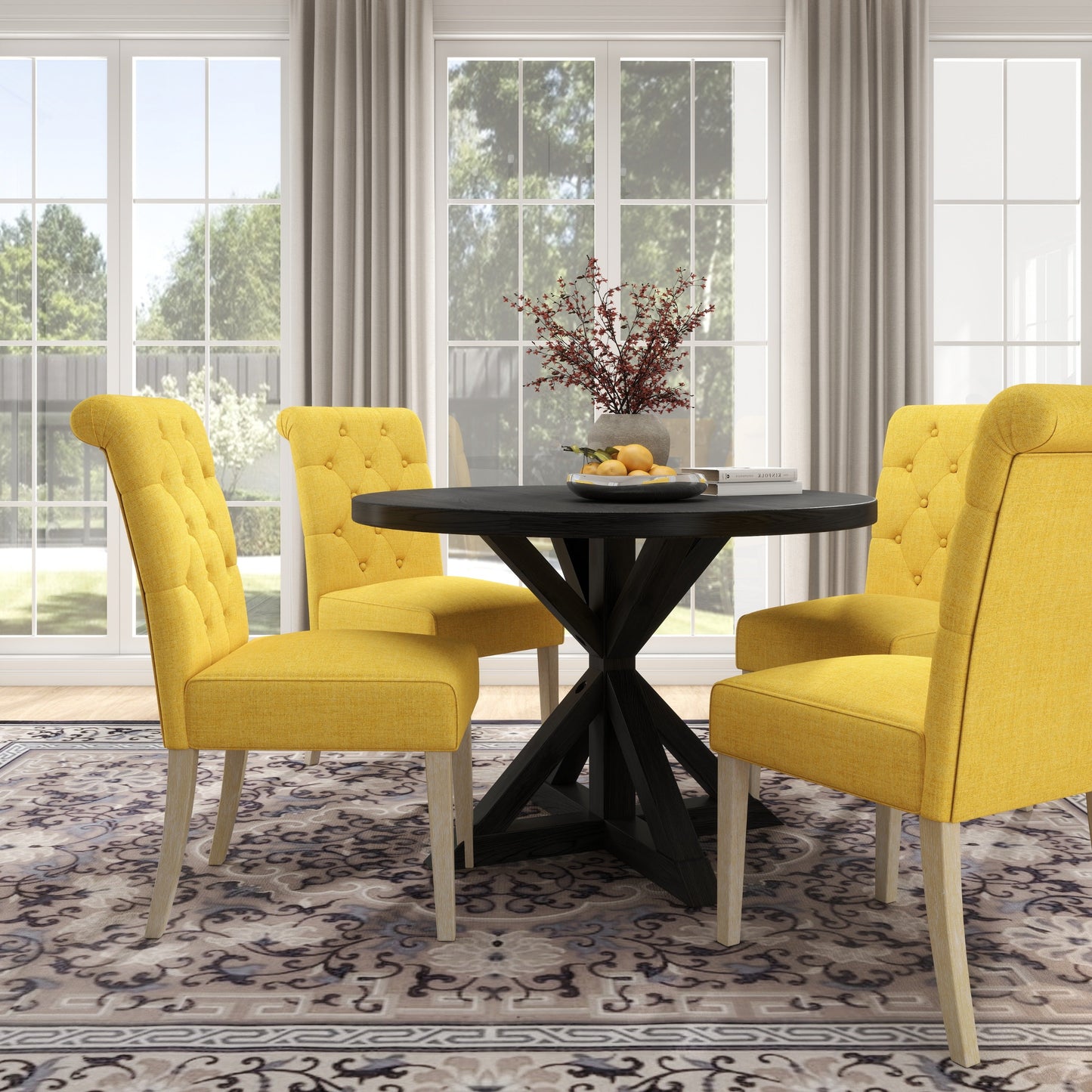 Roundhill Furniture Banff 5-piece Dining Set, Cross-Buck Round Table with 4 Tufted Chairs