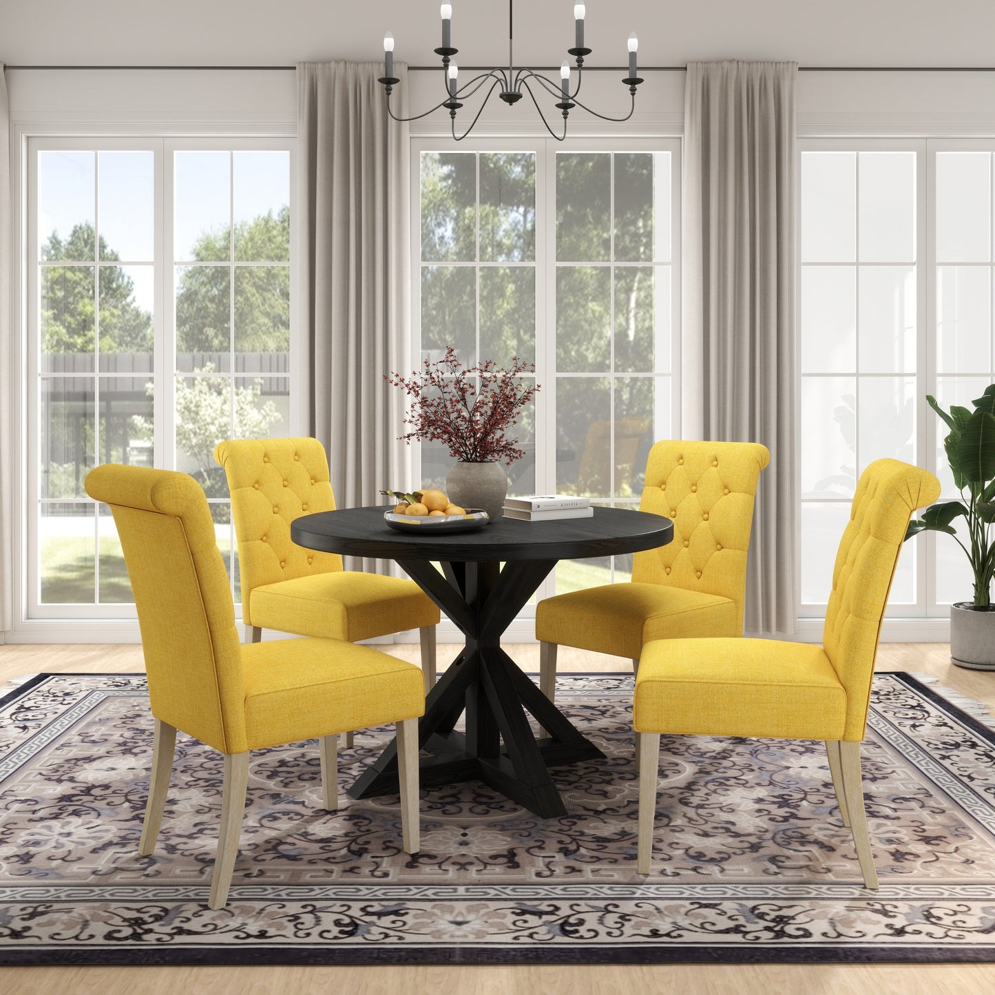 Roundhill Furniture Banff 5-piece Dining Set, Cross-Buck Round Table with 4 Tufted Chairs