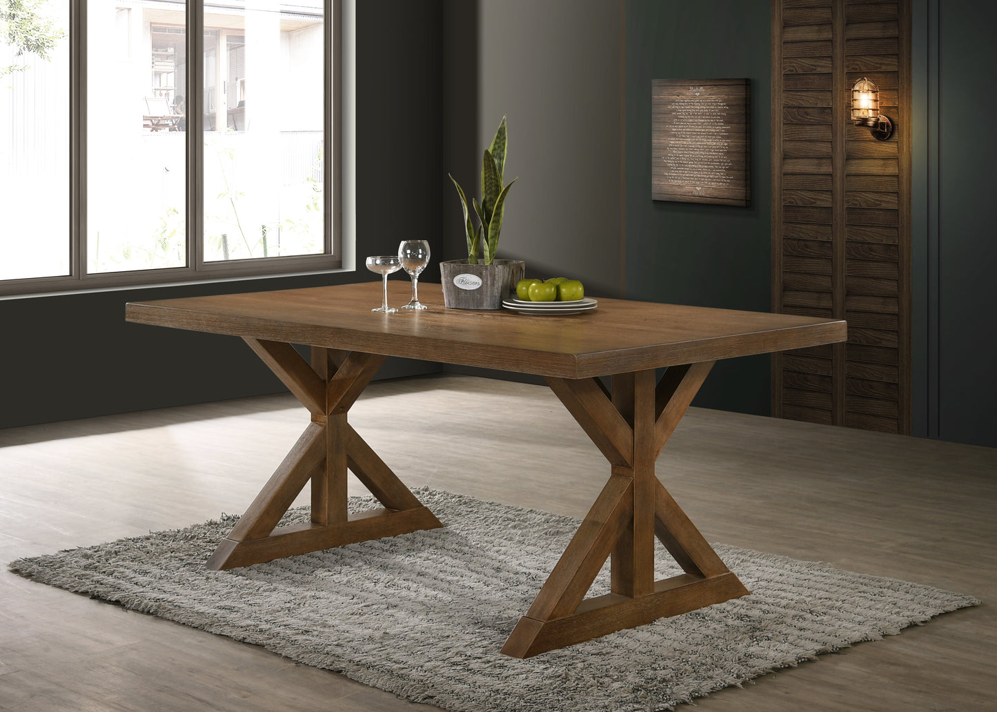 Enna Morden Farmhouse Wood 5-Piece Trestle Dining Set, Brushed Driftwood Finish