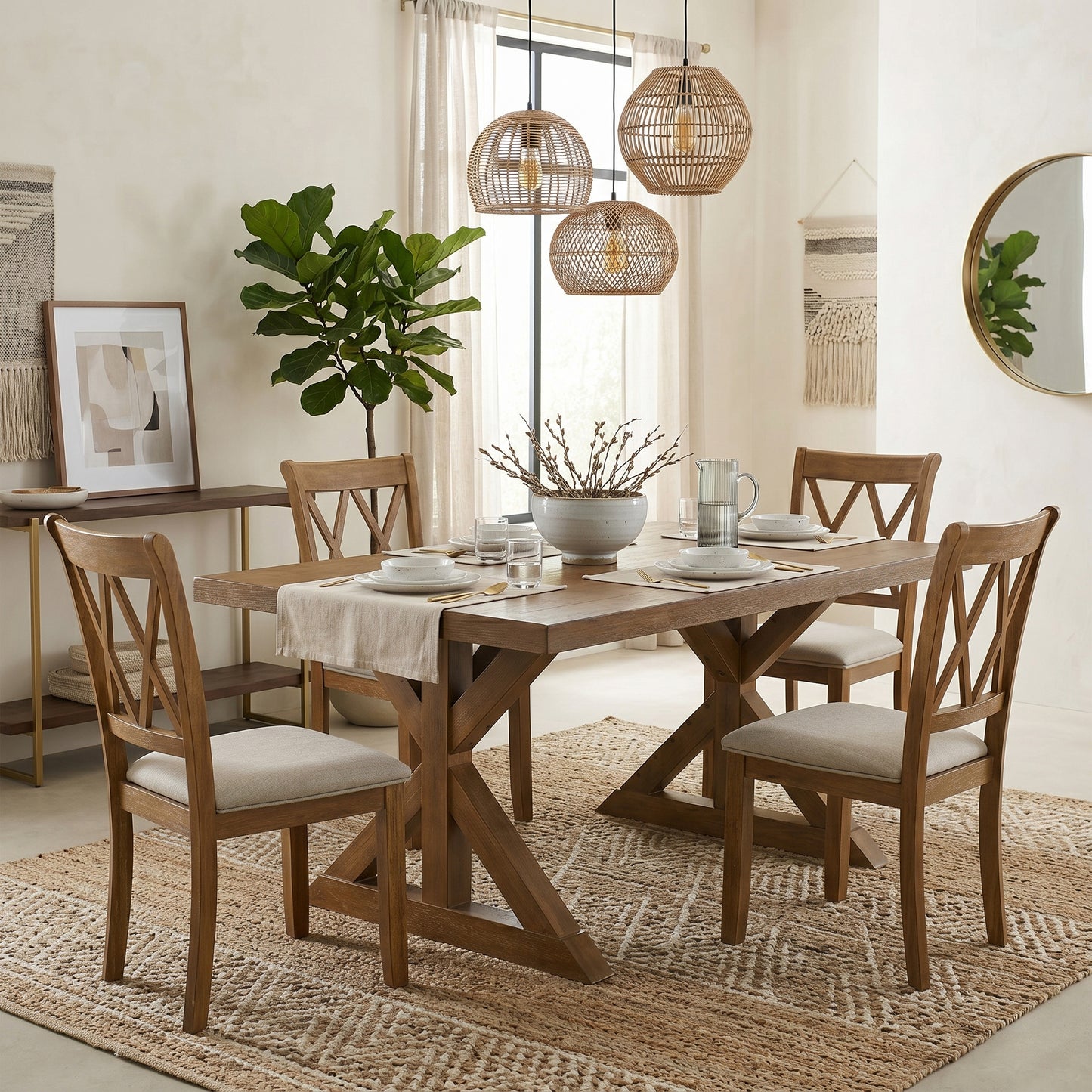 Enna Morden Farmhouse Wood 5-Piece Trestle Dining Set, Brushed Driftwood Finish