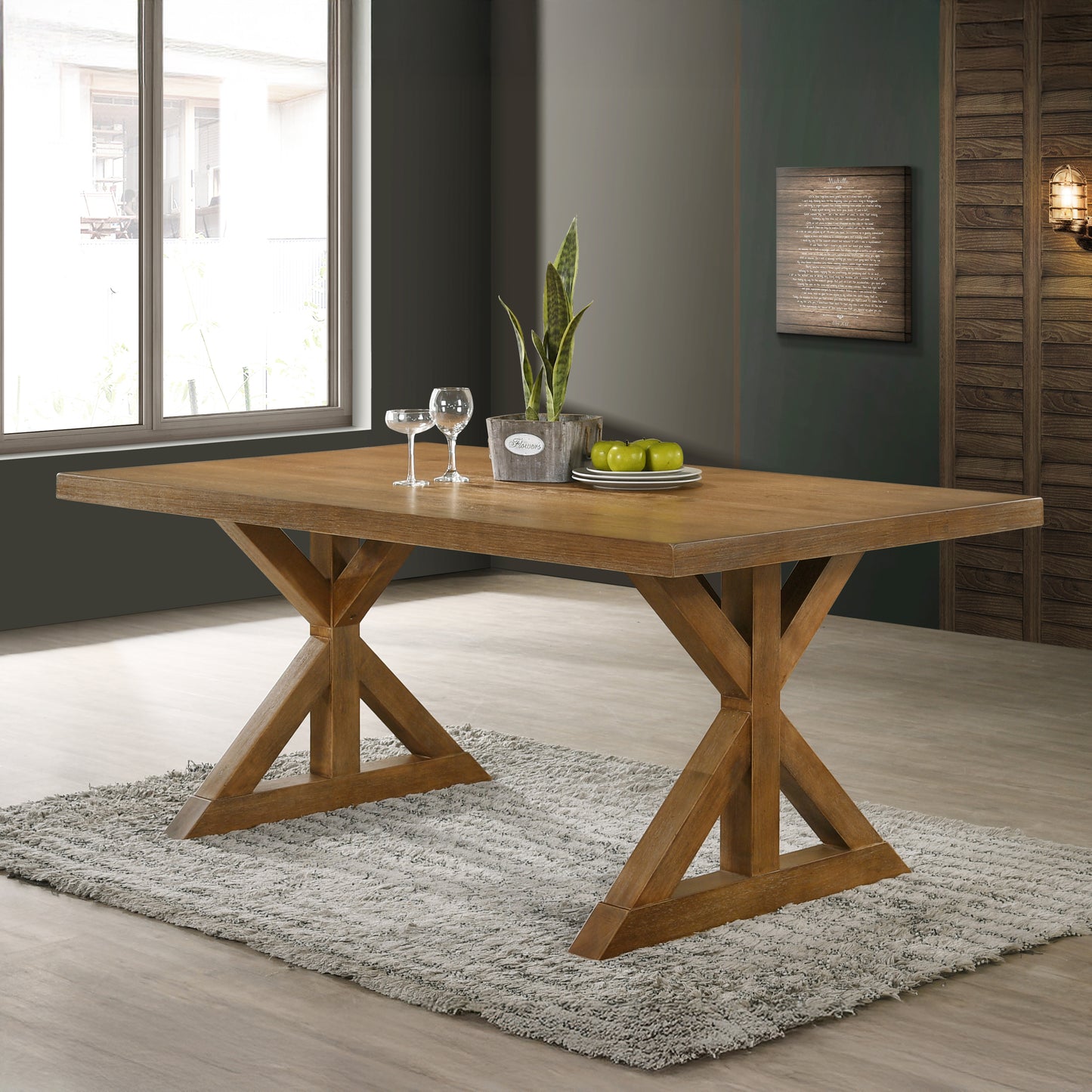Enna Morden Farmhouse Wood 5-Piece Trestle Dining Set, Brushed Driftwood Finish