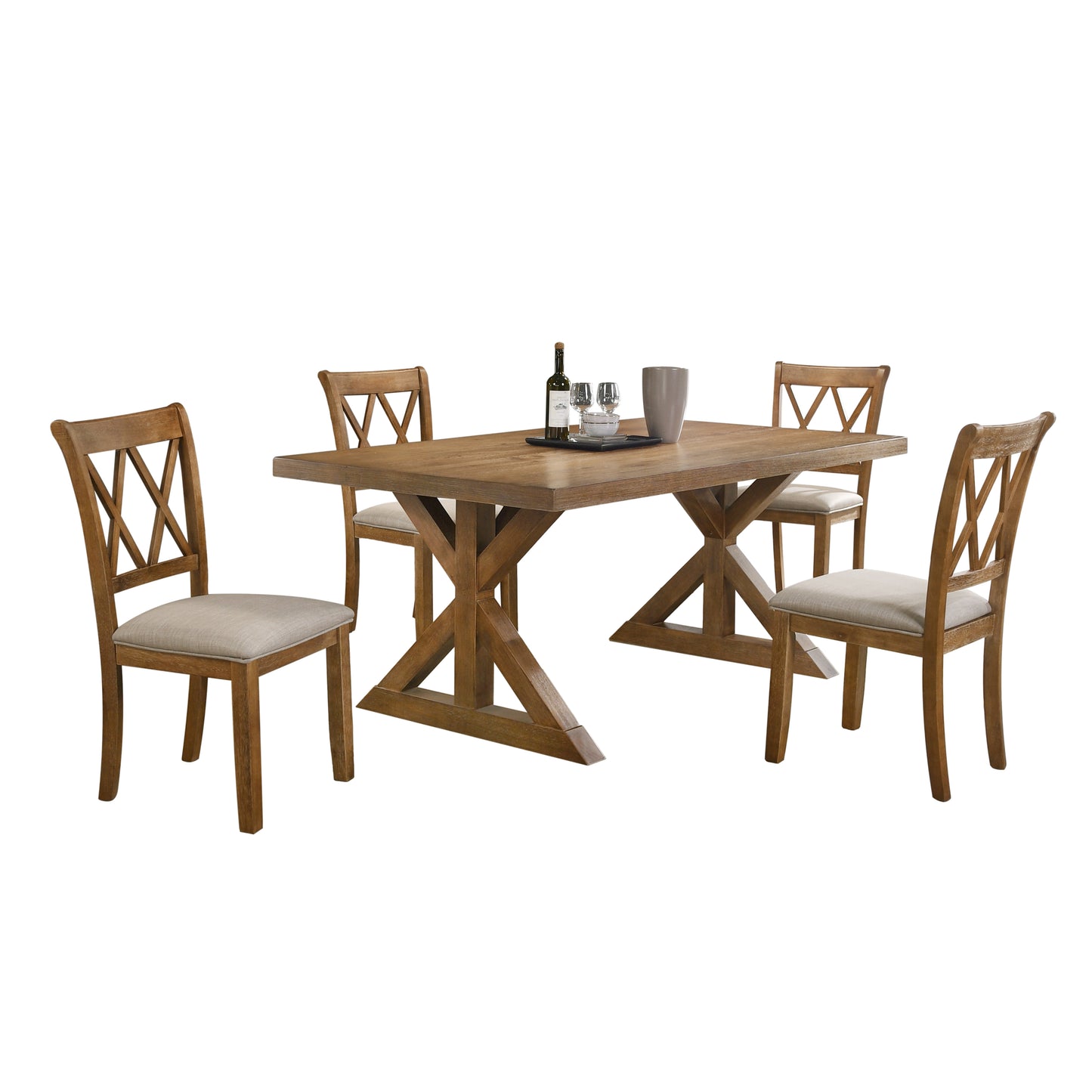Enna Morden Farmhouse Wood 5-Piece Trestle Dining Set, Brushed Driftwood Finish