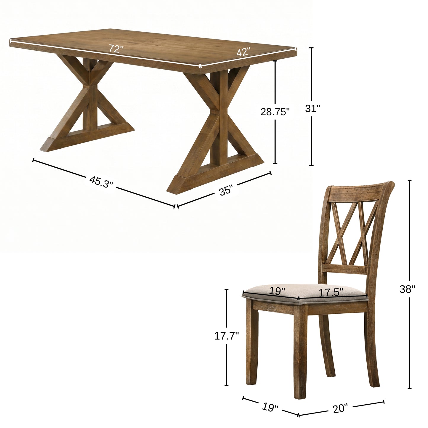 Enna Morden Farmhouse Wood 5-Piece Trestle Dining Set, Brushed Driftwood Finish