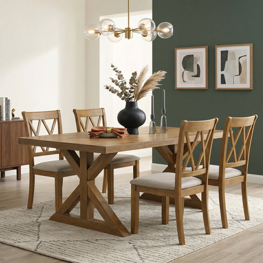 Enna Morden Farmhouse Wood 5-Piece Trestle Dining Set, Brushed Driftwood Finish