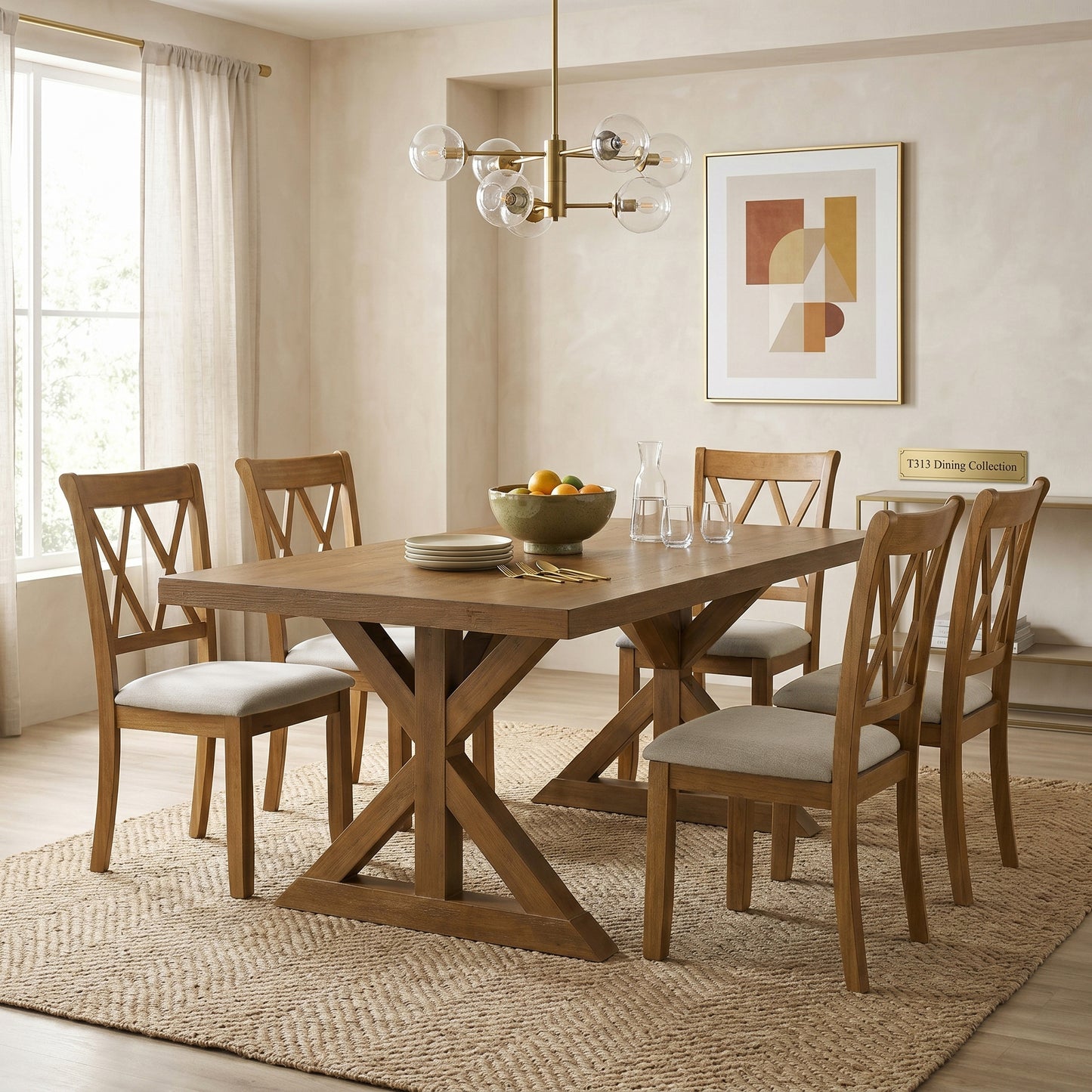 Enna Morden Farmhouse Wood 7-Piece Trestle Dining Set, Brushed Driftwood Finish