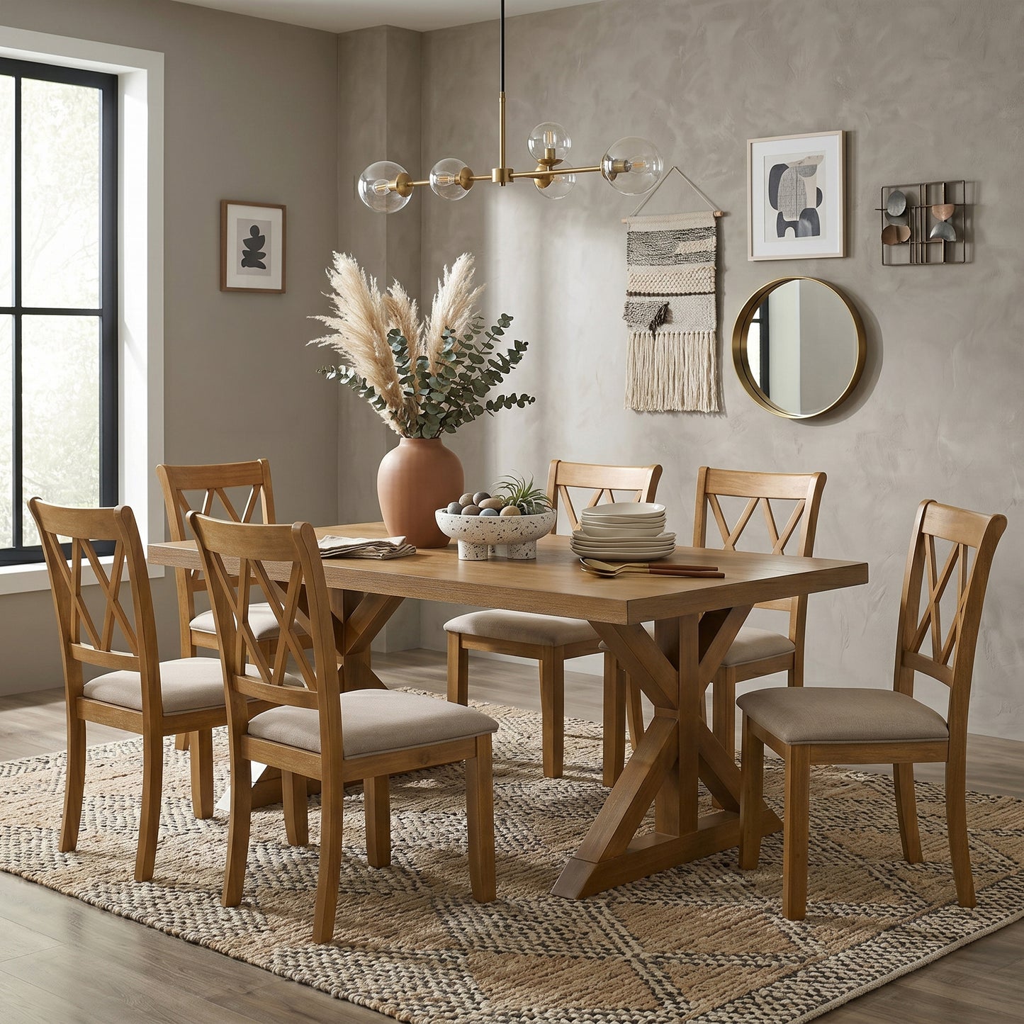 Enna Morden Farmhouse Wood 7-Piece Trestle Dining Set, Brushed Driftwood Finish
