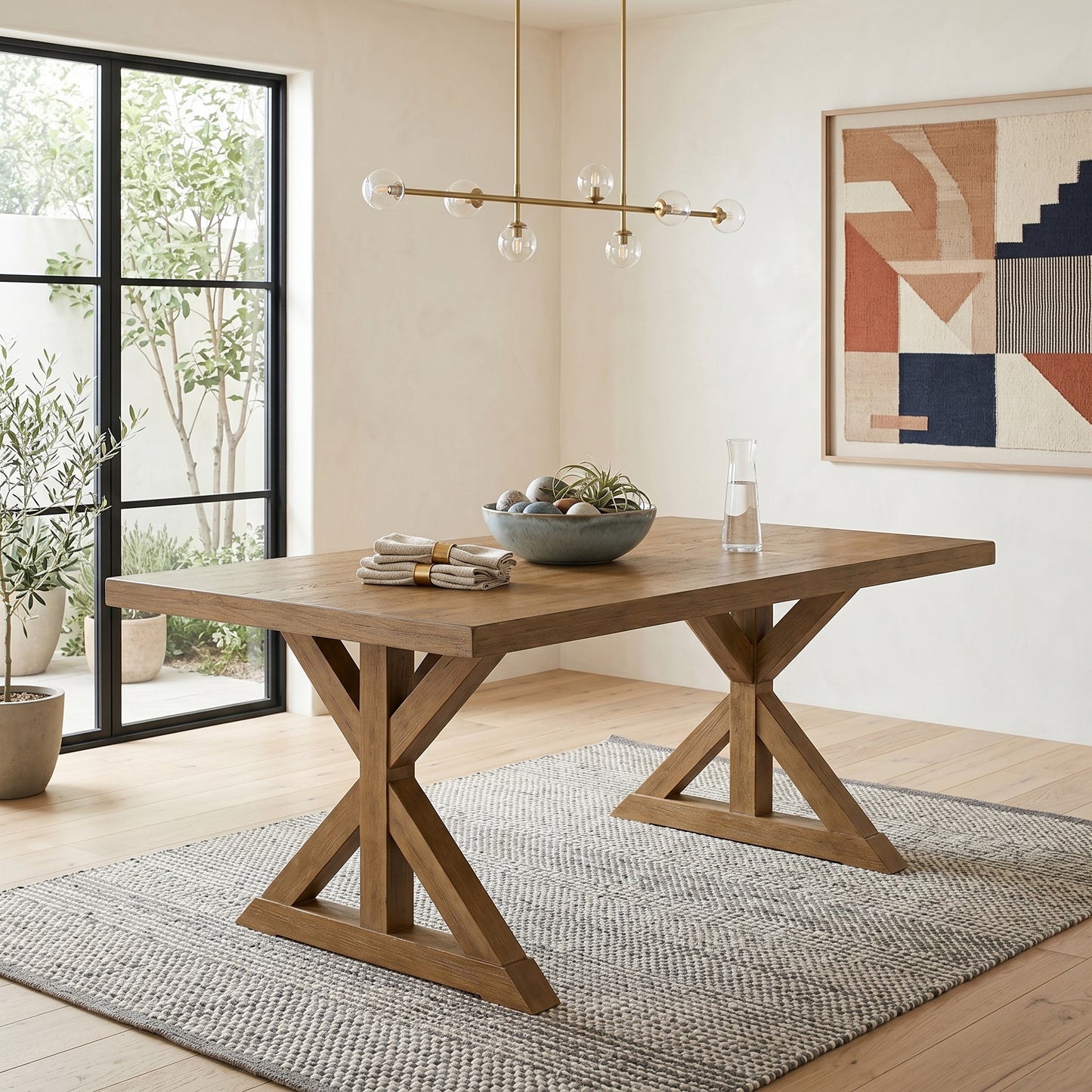 Enna Morden Farmhouse Wood 7-Piece Trestle Dining Set, Brushed Driftwood Finish