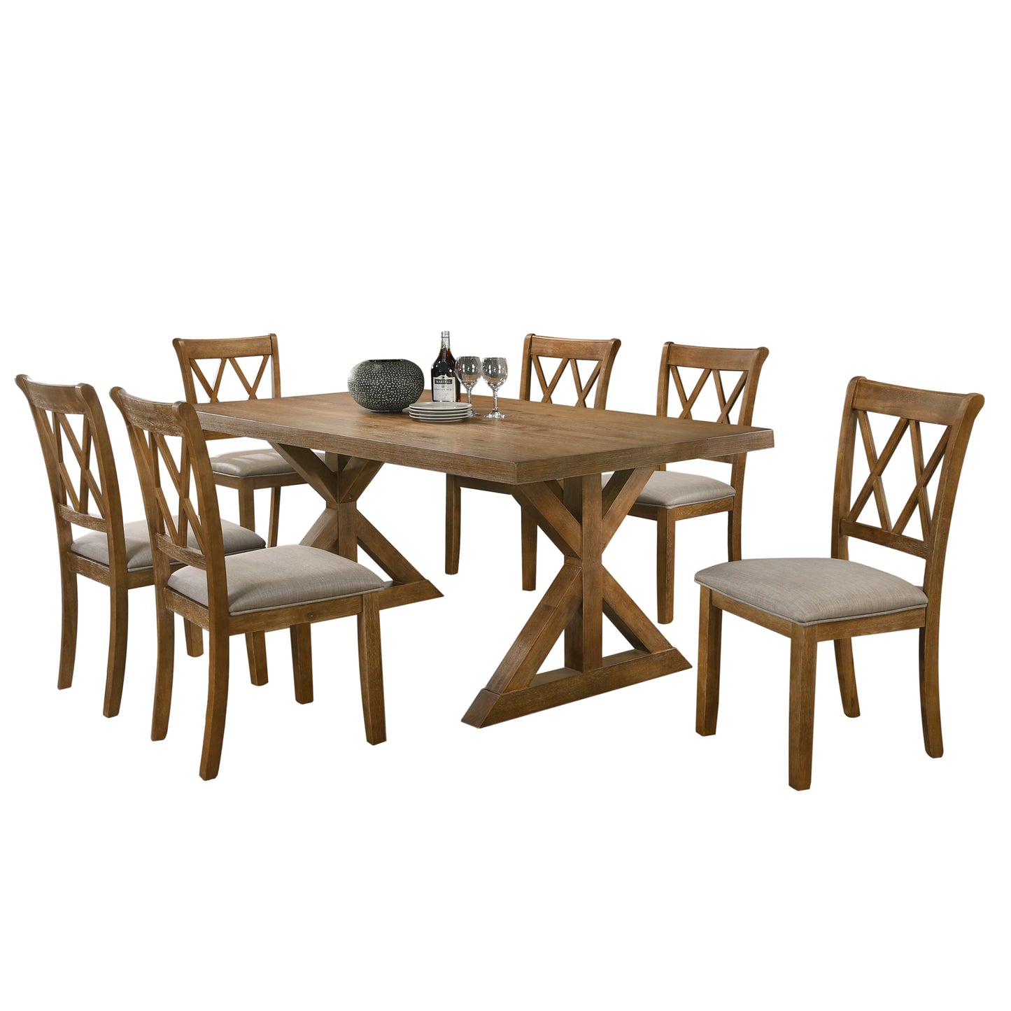 Enna Morden Farmhouse Wood 7-Piece Trestle Dining Set, Brushed Driftwood Finish