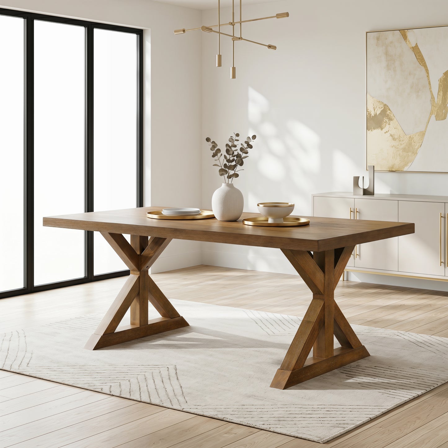 Enna Morden Farmhouse Wood Trestle Dining Table, Brushed Driftwood Finish