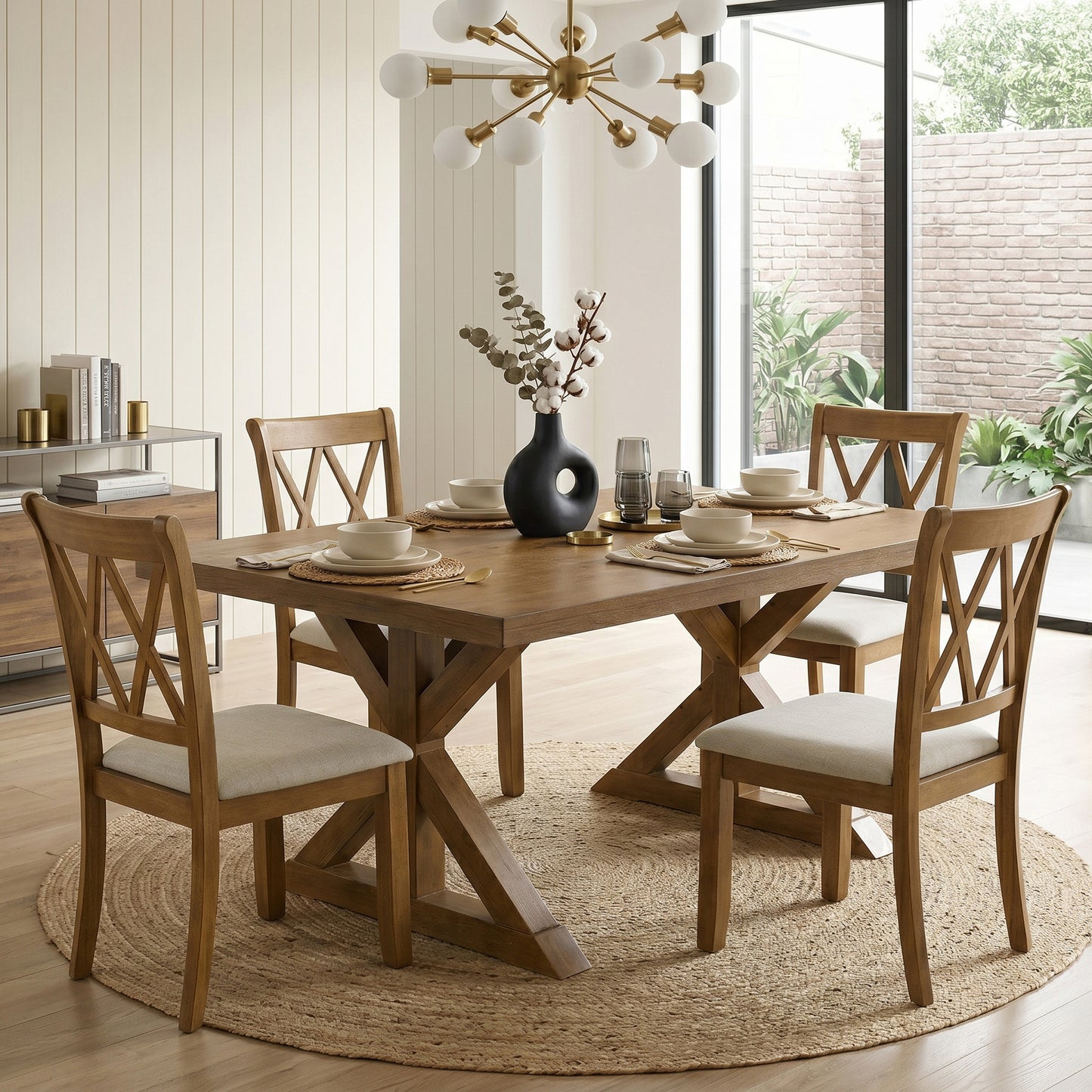 Enna Morden Farmhouse Wood Trestle Dining Table, Brushed Driftwood Finish