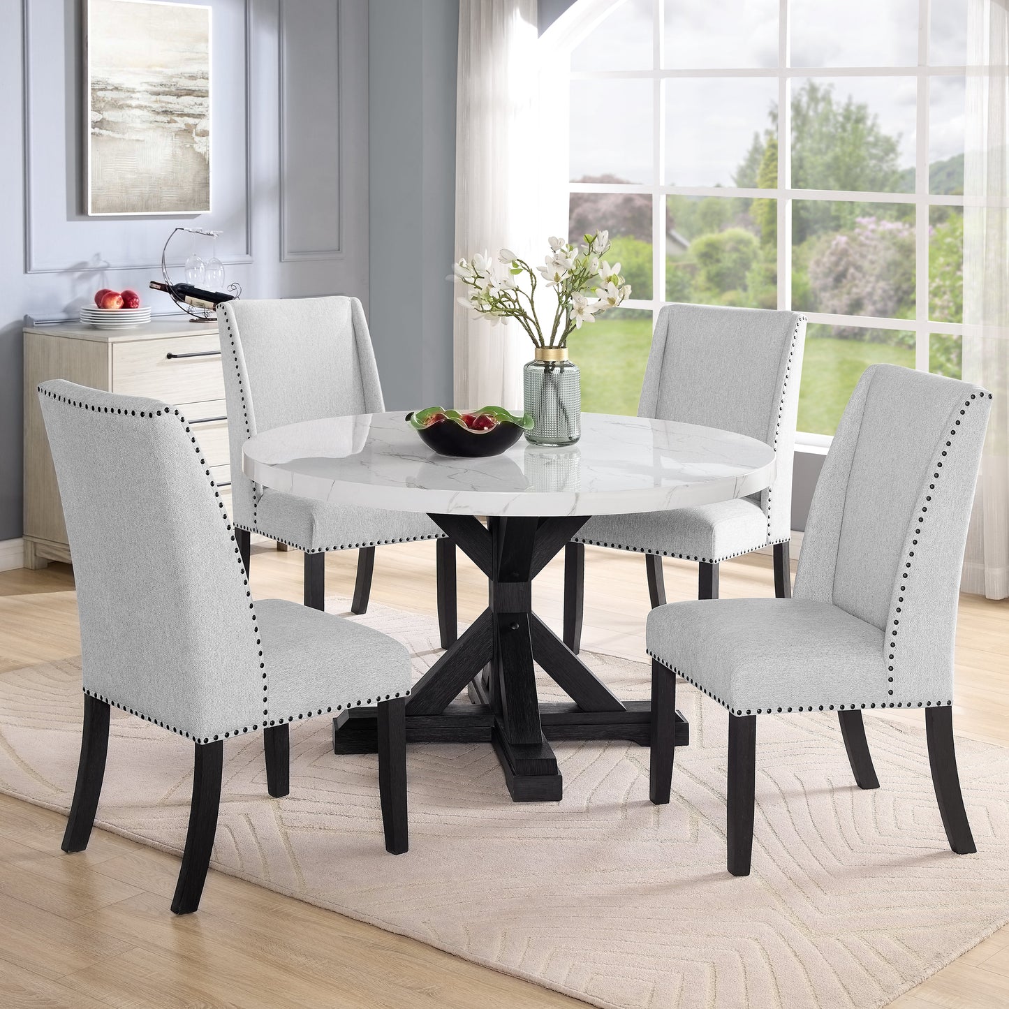 Roundhill Furniture Hirima Modern Elegance 5-Piece Dining Set, 54" Round Dining Table with 4 Chairs