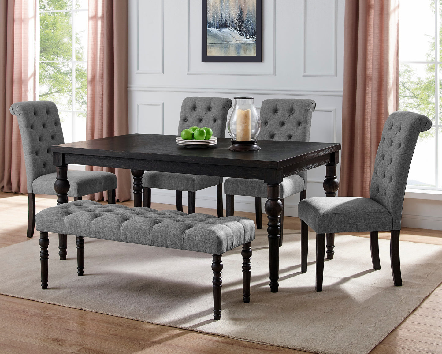 Roundhill Furniture Leviton Urban Style Dark Wash Wood Dining Set: Table, 4 Chairs and Bench