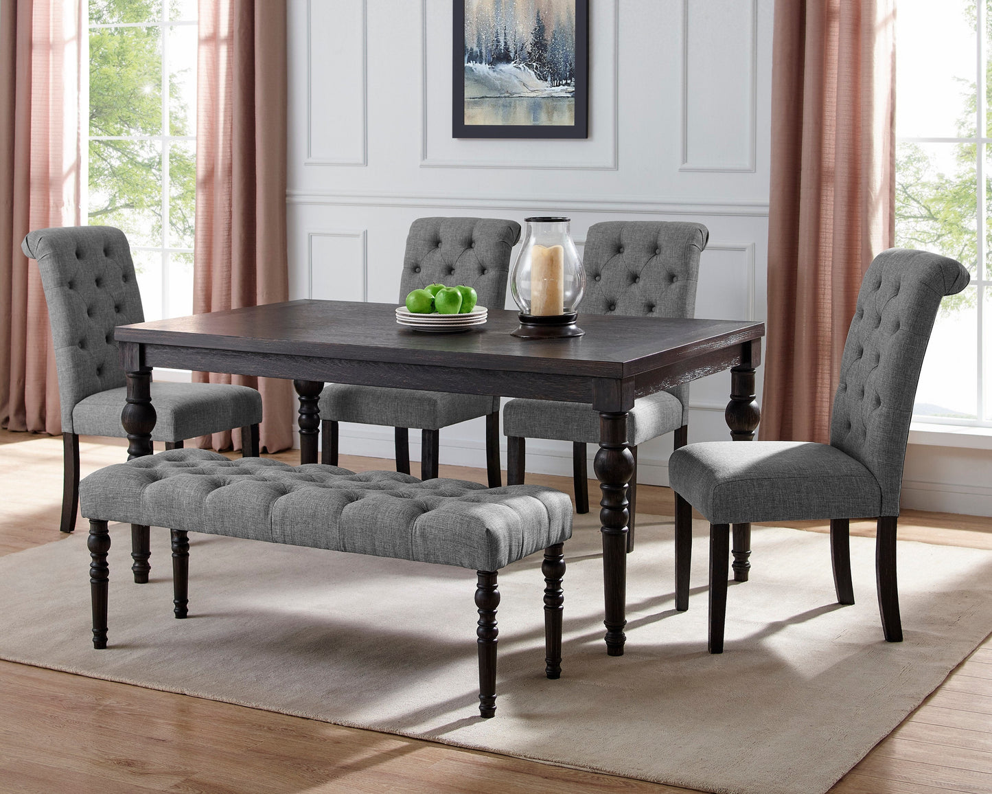 Roundhill Furniture Leviton Urban Style Dark Wash Wood Dining Set: Table, 4 Chairs and Bench, Gray