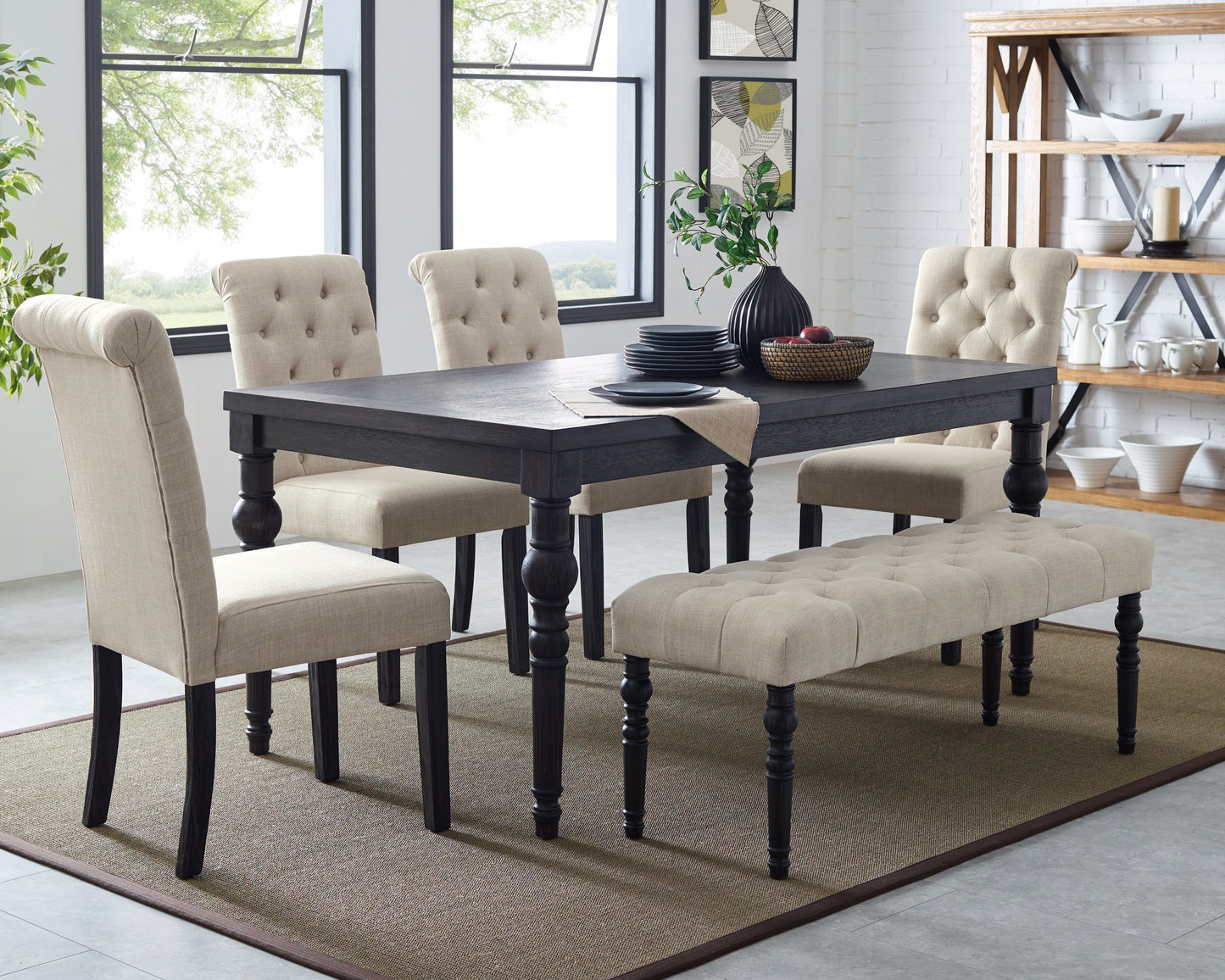 Roundhill Furniture Leviton Urban Style Dark Wash Wood Dining Set: Table, 4 Chairs and Bench