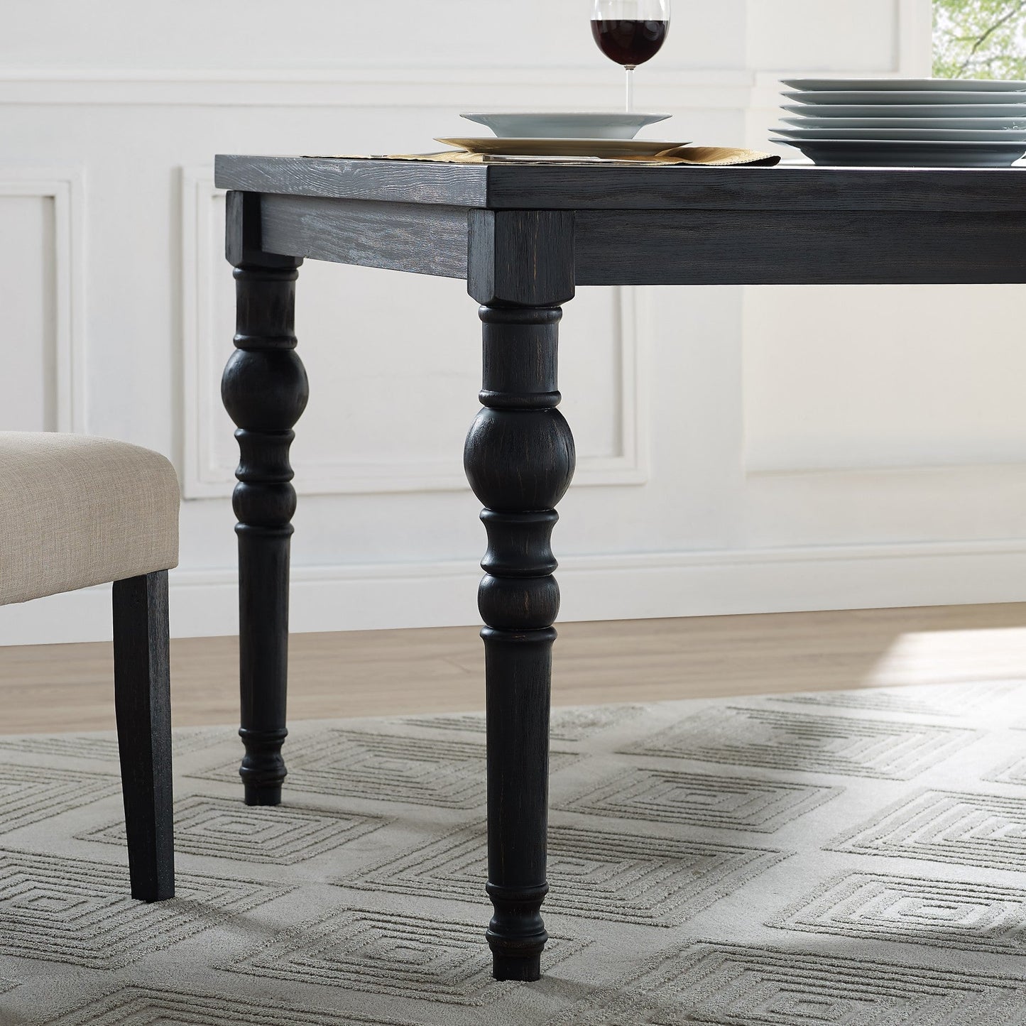 Leviton Urban Style Wood Dark Wash Turned-Leg Dining Set: Table and 6 Chairs, Tan