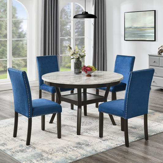 Roundhill Furniture 5-Piece Mella Dining Set - Round Faux Marble Table with 4 Velvet Parsons Chairs, Dark Espresso Finish