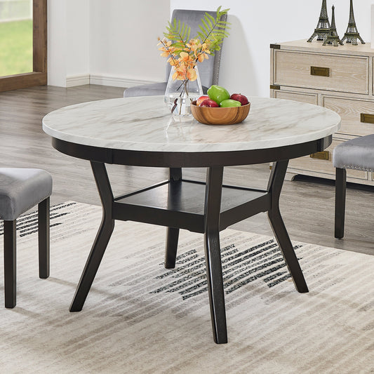 Roundhill Furniture Mella Round Wood Dining Table with Shelf, 48” Faux Marble Top, Dark Espresso Finish