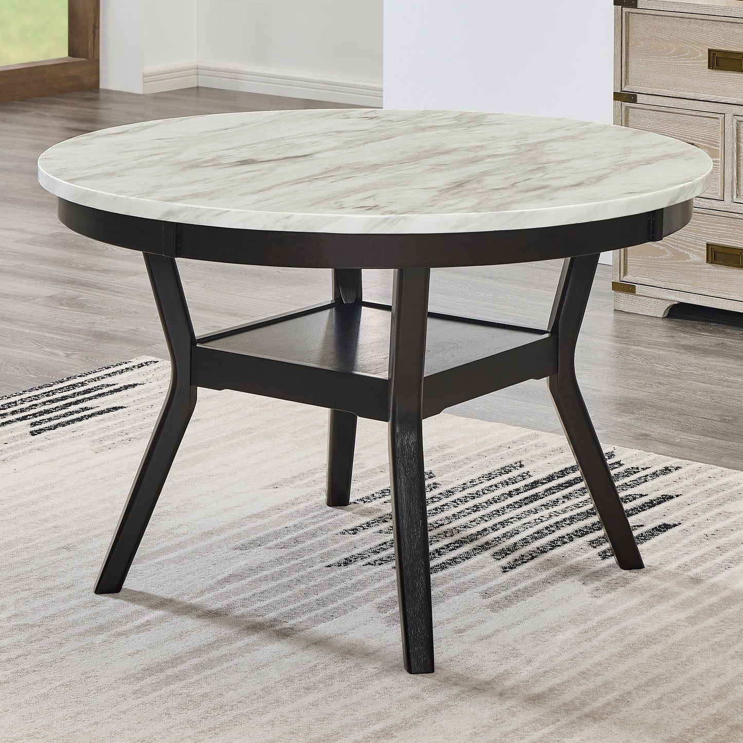 Roundhill Furniture Mella Round Wood Dining Table with Shelf, 48” Faux Marble Top, Dark Espresso Finish