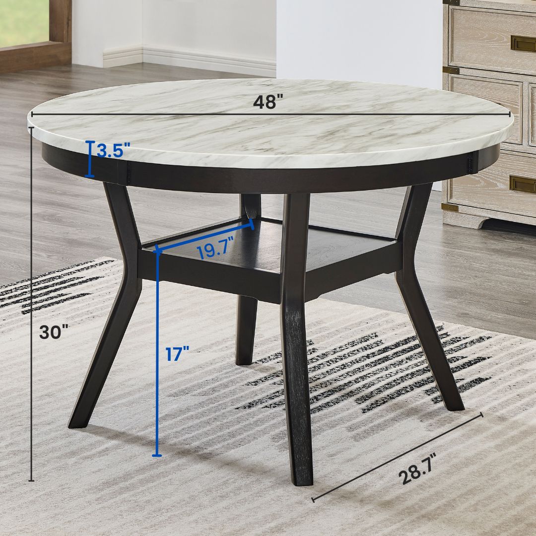 Roundhill Furniture Mella Round Wood Dining Table with Shelf, 48” Faux Marble Top, Dark Espresso Finish