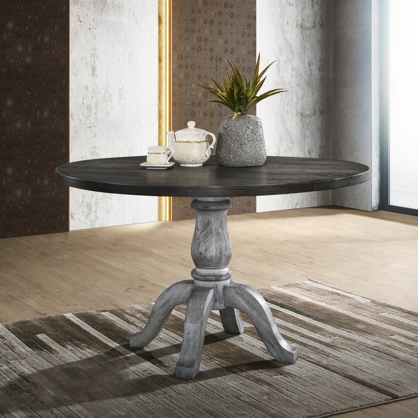 Roundhill Furniture Iris 5-Piece Dining Set, Round Pedestal Table with 4 Chairs, Weathered White and Gray