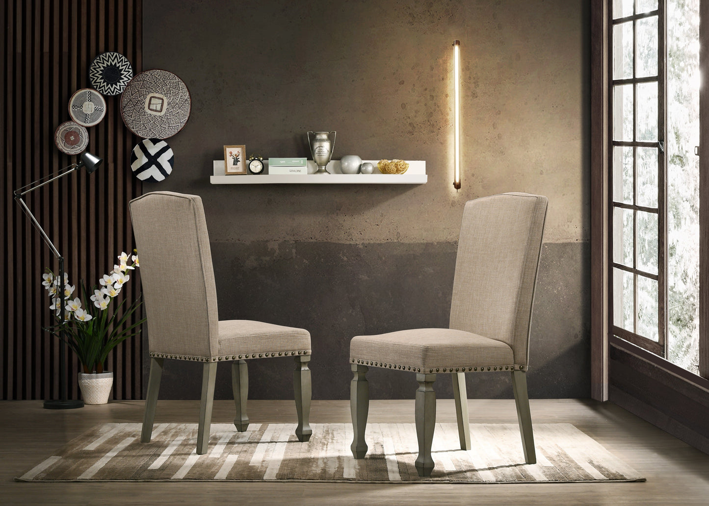Breda Antique Gray and Dark Oak Finished Wood Dining Set, Table with Six Chairs