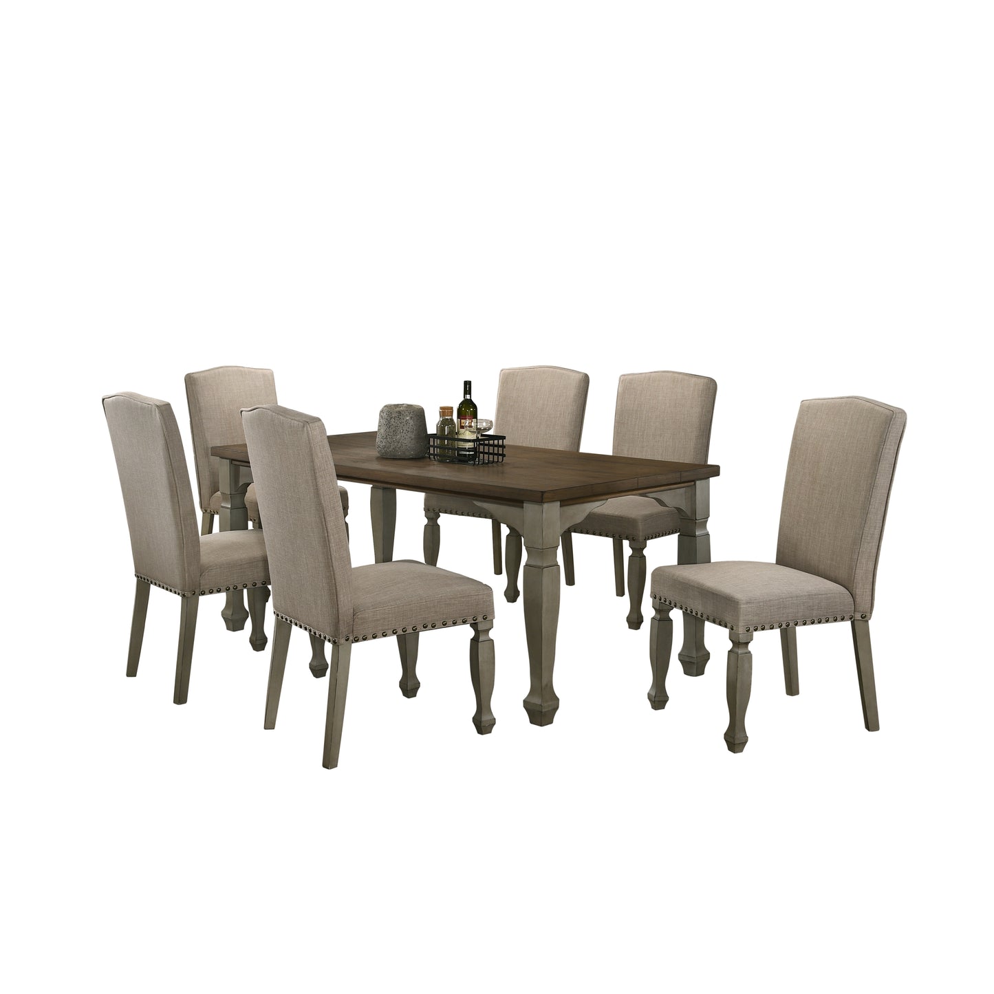 Breda Antique Gray and Dark Oak Finished Wood Dining Set, Table with Four Chairs