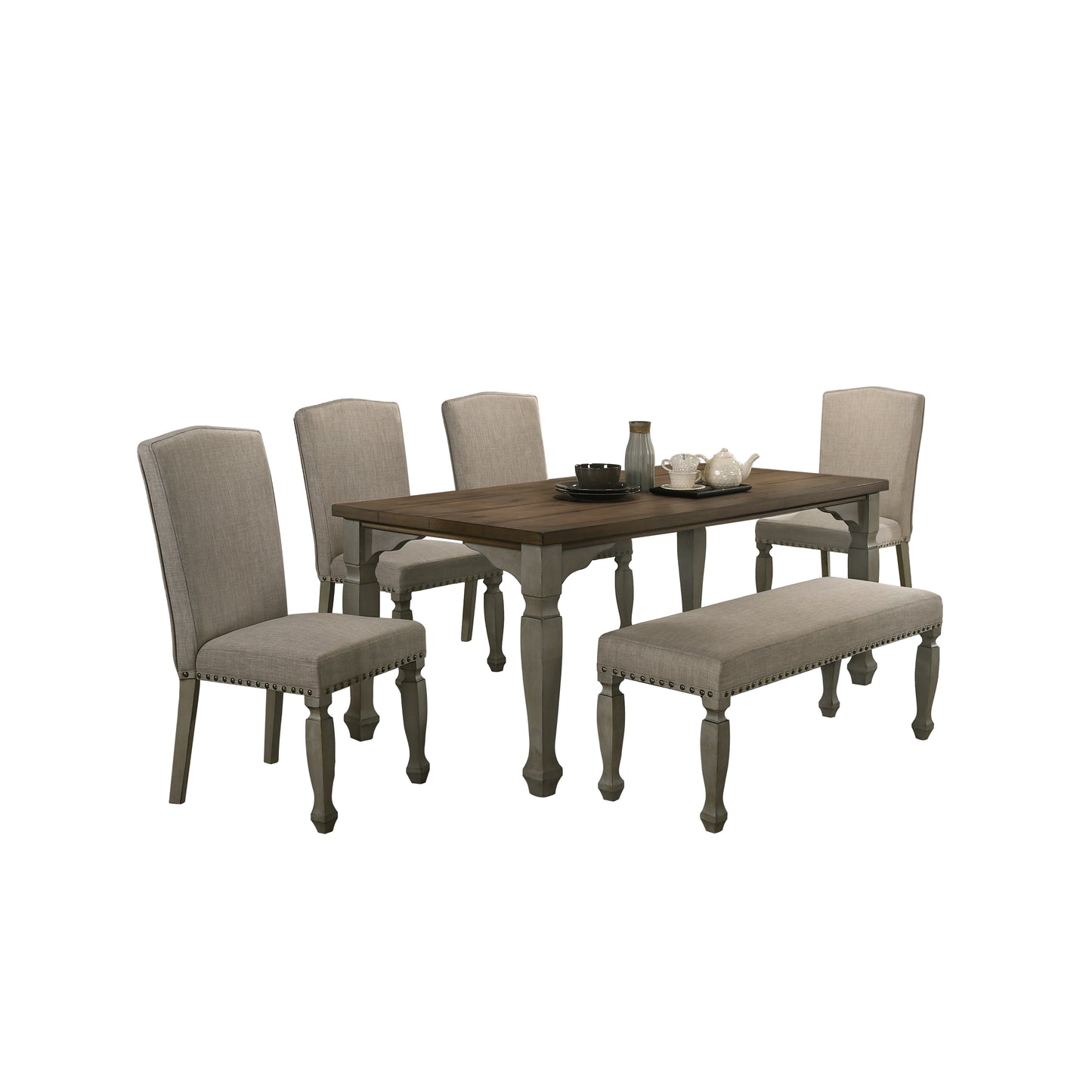 Breda Antique Gray and Dark Oak Finished Wood Dining Set, Table, Bench, Four Chairs