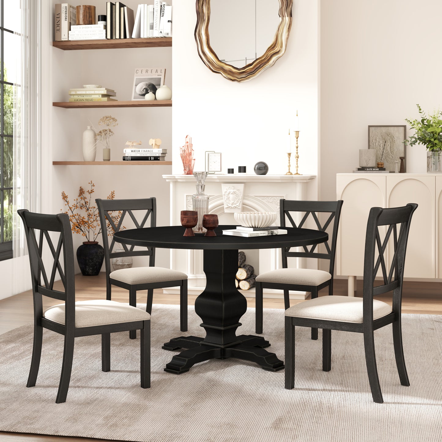 Havre 5-Piece Dining Set, Pedestal Round Table with 4 Stylish Chairs