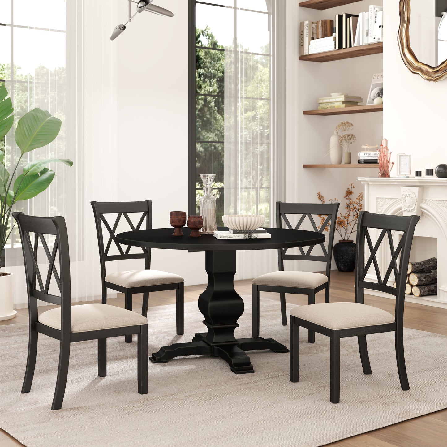 Havre 5-Piece Dining Set, Pedestal Round Table with 4 Stylish Chairs