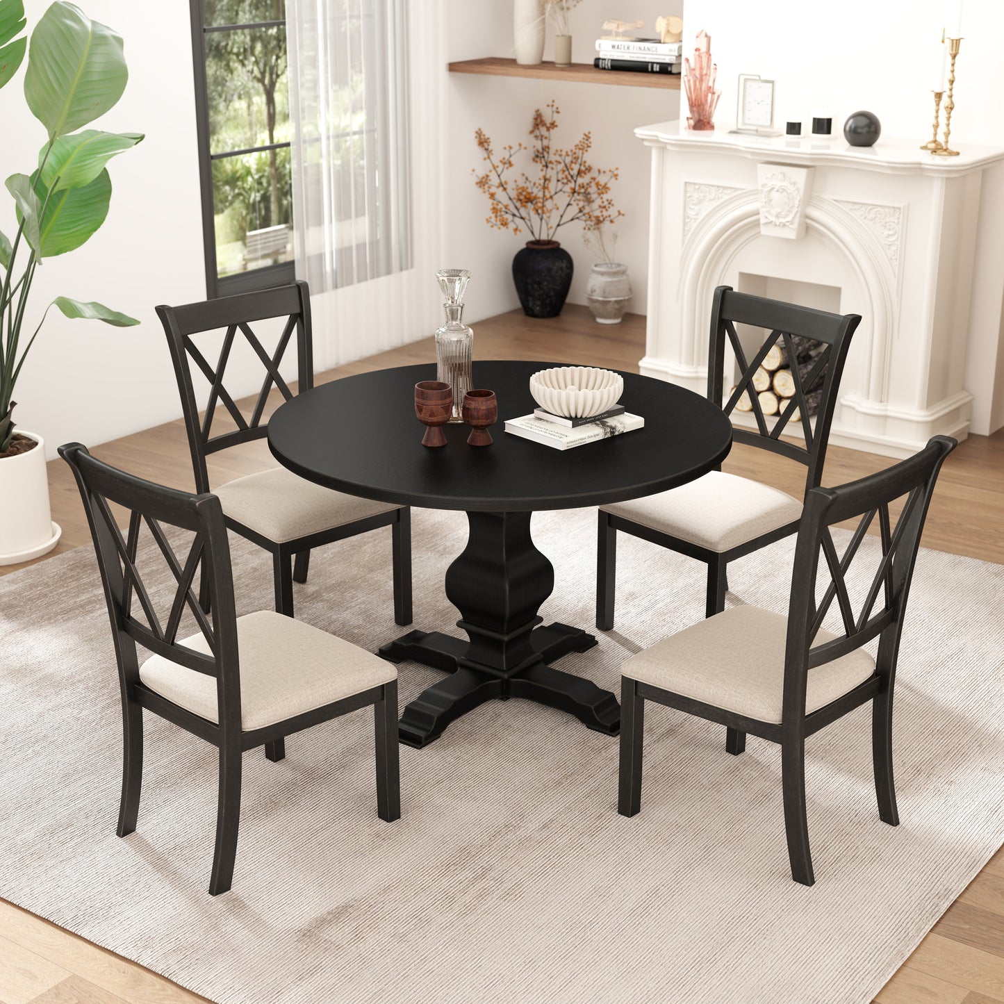 Havre 5-Piece Dining Set, Pedestal Round Table with 4 Stylish Chairs