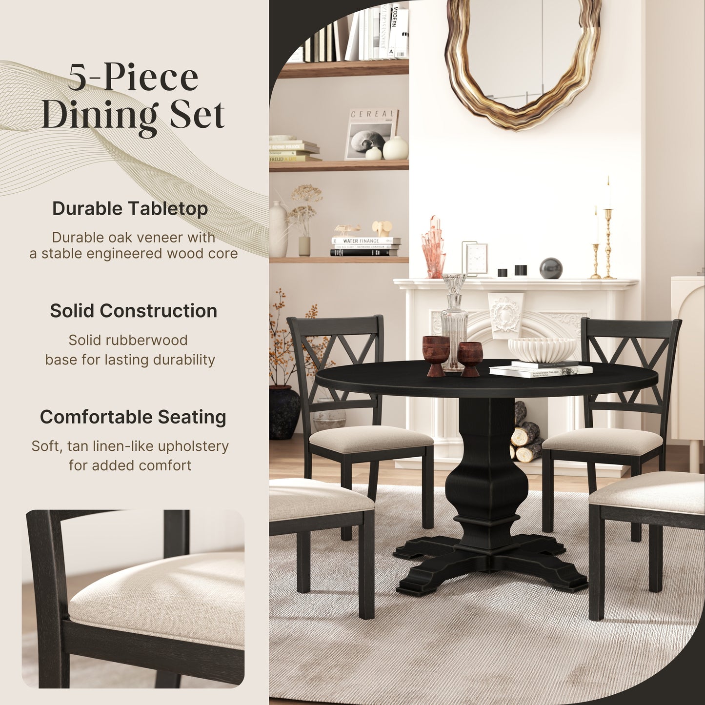 Havre 5-Piece Dining Set, Pedestal Round Table with 4 Stylish Chairs